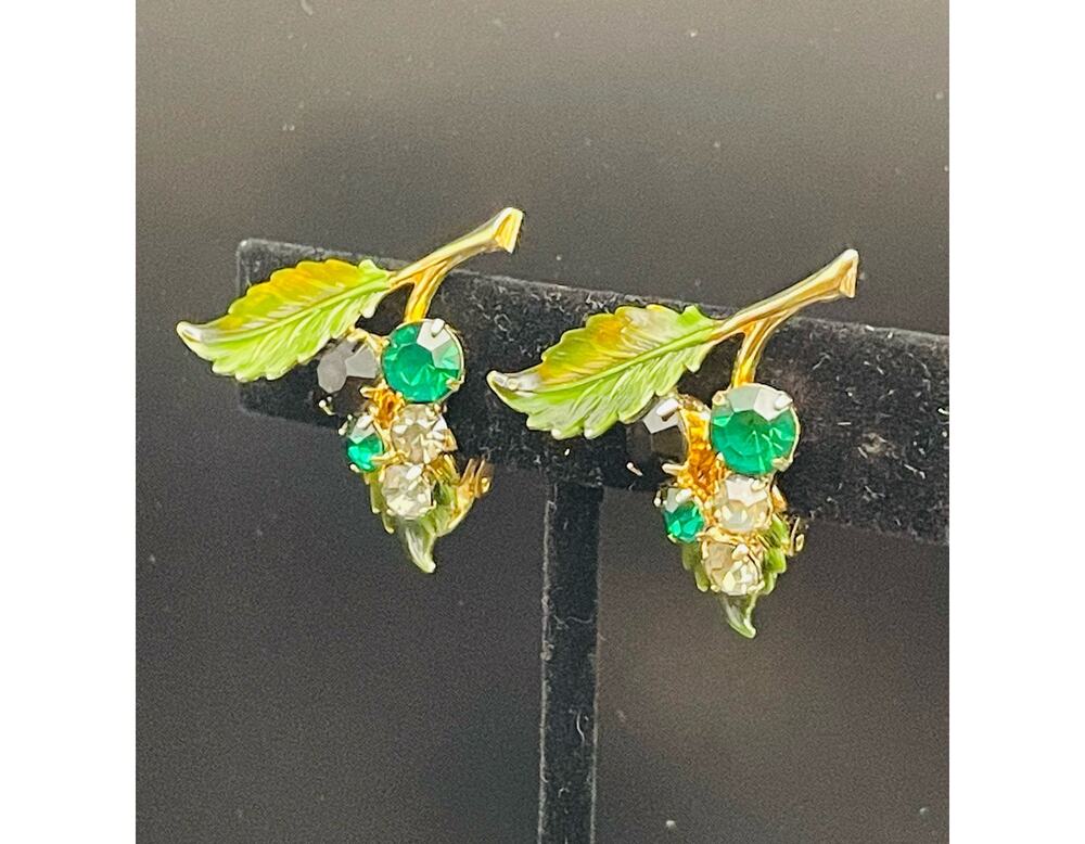 Hobe Vintage Adjustable Screw Back Earrings Green Stones Leaves Gold Tone Metal